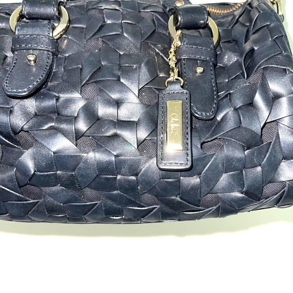 Cole Haan Leather Handbag Womens Woven Barrel Satchel Detachable Strap Black - Picture 4 of 16